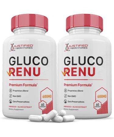 (2 Pack) Gluco Renu 688MG Glyco Support Pills Premium Formula Gluo Renew Glycogen Support Formulated Hawthrone Hibiscus Garlic Junpier Powder Olive Green Tea Extract 120 Capsules 60 Count (Pack of 2)