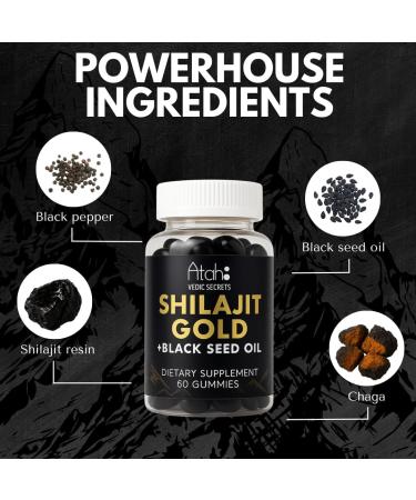 ATAH VEDIC SECRETS Himalayan Shilajit Gummies for Men & Women - Shilajit Gummy Supplement with Black Seed Oil and Chaga Extract | Organic Non-GMO Micronutrient Supplement 100% Natural | 60 Gummies - Buy Online on GoSupps.com