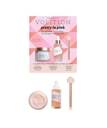 Volition Beauty Pretty in Pink Kit with Yaupon Tea Glow-Awakening Moisturizer Strawberry-C Serum The Pink Quartz De-Puffer | Brightens De-Puffs Soothes