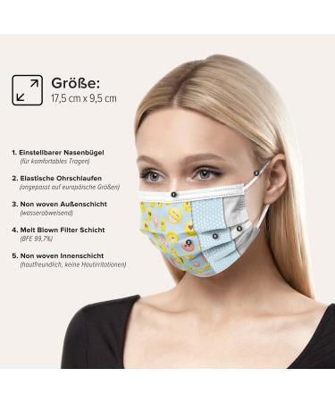 German-Made 100 Piece Disposable Face Masks | Type IIR & CE Certified | Triple Layer Filtration | Elastic Earloops | Smiley Design - Buy Online on GoSupps.com