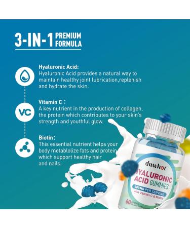 duwhot Hyaluronic Acid Gummies Hyaluronic Acid Supplements with Vitamin C & Biotin 5000mcg for Skin Hair Nails Health Joints Supplements for Women & Men Low Sugar Vegan Non-GMO 60 Counts - Buy Online on GoSupps.com