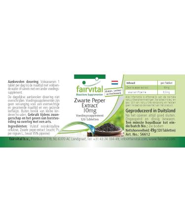 Fairvital | Black pepper extract 10 mg - 120 tablets - 95% piperine - For 4 months - 100% vegan - Tested quality - Made in Germany - Buy Online on GoSupps.com