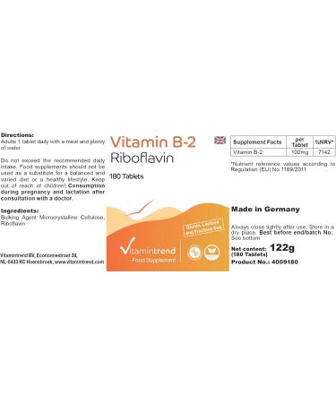 Buy Vitamin B2 Riboflavin 100mg - 6-Month Supply 180 Vegan Tablets | International Shipping | Vitamintrend  - Buy Online on GoSupps.com