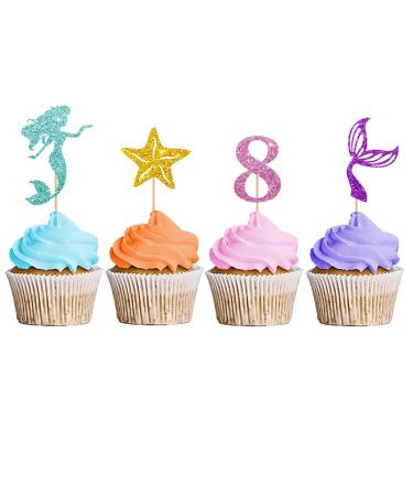 Mermaid Eight Cupcake Toppers Under The Sea Themed Eight Year Old Cupcake Toppers Mermaid Happy 8th Birthday Dessert Picks Little Mermaid 8th Anniversary Party Decoration - Pink Glitter