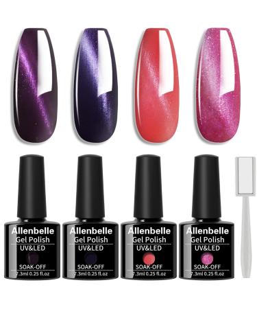 Allenbelle Gel Nail Polishes-Cat Eye Gel Nail Polish Set Soak Off Magnetic Gel Nail Polish UV LED Required(Lot of 4pcs 7.3ML/pc magnet as gift)008 4MY-008