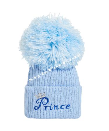 Luxury British Made Baby Boy Full Blue White/Blue Prince Silver Pom Cute Decorative Frilly Knitted Pom Pom Newborn Baby Hats S-L Full Blue Prince (Small)
