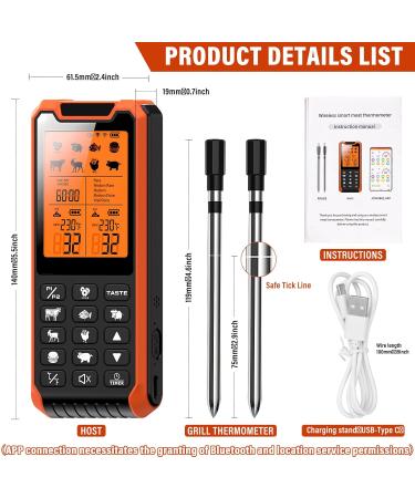 Wireless Meat Thermometer with Timer & Alarm - IP67 Waterproof 210m Bluetooth Signal - 2-Piece Grill & Frying Thermometer - Buy Online on GoSupps.com