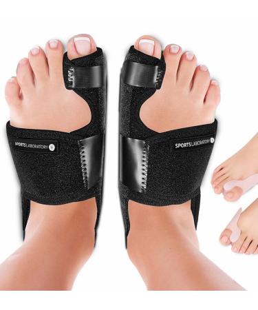 Sports Laboratory Bunion Corrector for Women and Men - Orthopedic Bunion Splints, Big Toe Straighteners and Bunion Relief Guide - Day and Night - Adjustable Size Black