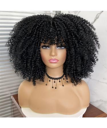 Curly Afro Wigs for Black Women - Curly Afro Wig With Bangs Black Wig Short Afro Kinky Curly Wig 14 Inch Synthetic Hair Replacement Wigs (14 Inch, black) 14 Inch black