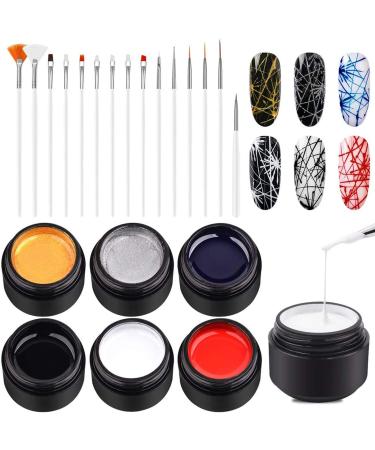 Ownest 6 Colors Spider Gel  Matrix Gel with Gel Paint Design Nail Art Kit Wire Drawing Nail Gel for Line  Soak Off UV LED DIY Manicure Nail Art Decoration With 15 Nail Art Brushes