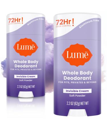 Lume Whole Body Deodorant - Invisible Cream Stick - 72 Hour Odor Control - Aluminum Free Baking Soda Free Skin Safe - 2.2 Ounce (Pack of 2) (Soft Powder) Soft Powder 2.2 Ounce (Pack of 2)