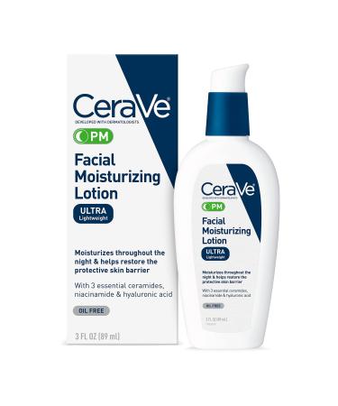 CeraVe PM Facial Moisturizing Lotion | Night Cream with Hyaluronic Acid and Niacinamide | Ultra-Lightweight, Oil-Free Moisturizer for Face | 3 Ounce 3 Fl Oz (Pack of 1)