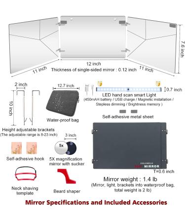 Folomilo 3-Way LED Barber Mirror for Hair Cutting | Self Cut 360 Trifold Portable Rechargeable Mirror for Vanity, Makeup & Travel | Acrylic Medium with LED Lights - Buy Online on GoSupps.com