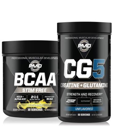 PMD Sports CG5 - Premium Creatine and L-Glutamine Powder (60 Servings) & PMD Sports BCAA Stim Free Amino Acids for Enhanced Recovery - Lemonade (30 Servings)