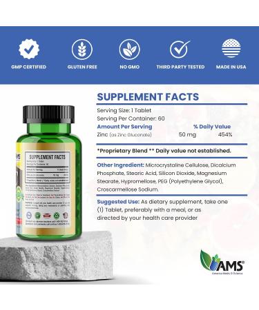 America Medic & Science Chelated Zinc 50mg - Immune Booster & Antioxidant Supplement | 60 Tablets for Men & Women - Improves Mood & Sleep - Buy Online on GoSupps.com