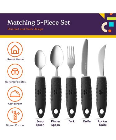 Special Supplies Adaptive Utensils - 5-Piece Kitchen Set for Hand Tremors, Arthritis, Parkinsons, Elderly - Non-Weighted, Non-Slip Handles - Stainless Steel Knives, Fork, Spoons (Black) - Buy Online on GoSupps.com