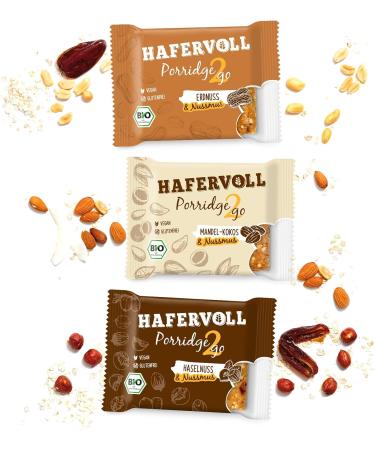 Hafer Porridge2go Mandel-Kokos & Nussmus | Vegan Organic Gluten-Free Snack | 13 x 55g Bars with Oats Dates & Quinoa Puffs - Buy Online on GoSupps.com