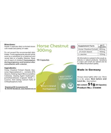 Horse chestnut 300mg - with 900mg horse chestnut extract including 180mg escin per daily dose - 90 capsules - highly dosed - vegan - bioavailable supplements from Germany | Vitamintrend - Buy Online on GoSupps.com