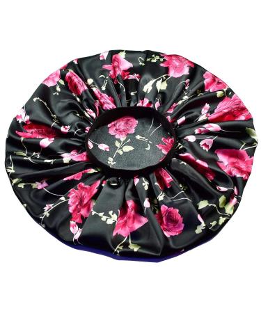 Satin Silk XL Bonnet for Long Hair | Women's Large Black+Rose Night Sleep Cap - Buy Online on GoSupps.com