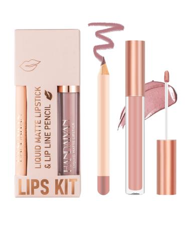 INBOLM Lip Liner and Lipstick Set Nude Lip Liners with Nude Lipstick for Women Nude Lipstick Non-Stick Cup Matte Waterproof Nude Lipstick Makeup Kits Make Up Gift Set for Lady 01#