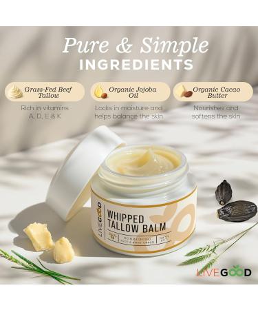 LIVEGOOD Whipped Tallow Balm Grass Fed Beef Tallow for Skin with Vitamins A D E K Deeply Moisturizing Beef Tallow Moisturizer for Face and Body Hydration (2 oz) - Buy Online on GoSupps.com