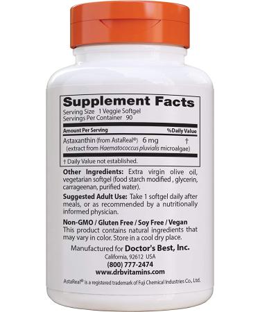 Doctor's Best Astaxanthin 6 mg - 90 Veggie Softgels | AstaPure Antioxidant - Buy Online on GoSupps.com