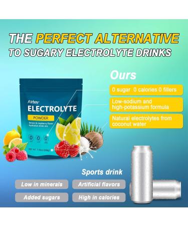 Airboy Electrolytes Powder No Sugar Keto Electrolyte Mix 1000 mg of Potassium Low Sodium Lemon Raspberry Flavor Hydration Drink Supplement for Dehydration Relief and Rehydration 32Servings - Buy Online on GoSupps.com