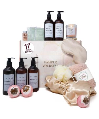 17-Piece Luxury Gift Set with Robe | Complete INFUS White Tea & Coconut Bath Collection | Self-Care Kit with Bath Bombs Face Masks & Hair Care | Bridesmaid Mom Wife Grandma or Loved Ones 17 Pieces
