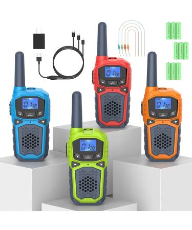 4 Long Range Walkie Talkies Rechargeable for Adults Kids Easy to Use Walkie Talky 2 Way Radios 22 Channels VOX NOAA Weather Alert for Camping Hiking Car Travel Blue-Light Green-Red-Orange 4packs