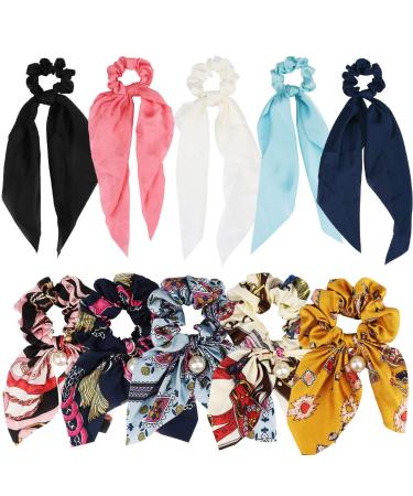 ANBALA Satin Ribbon Hair Scrunchies 10Pcs Bow Scarf Scrunchies  Thin Cold Scrunchies with Tail  Hair Ties Accessories for Girls Women Long Scrunchies Hair Scarves (5 Floral + 5 Solid Color Scrunchies) Set A