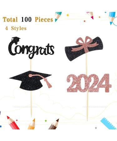 Chinco 100 Pack 2024 Graduation Cupcake Toppers Grad Cap Food Appetizer Picks Cake Graduation Party Decorations Diploma Cupcake Picks for Cake Class of 2024 Graduation Party (Pink) - Buy Online on GoSupps.com