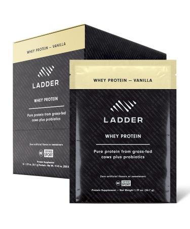 LADDER Grass-Fed Whey Protein Powder, 26g Protein for Muscle Gain, 7g BCAAs, 14g EAAs, 2 Billion CFU Probiotics, No Artificial Sweeteners, NSF Certified Supplements (Vanilla, Pack of 15) Vanilla 1.29 Ounce (Pack of 15)