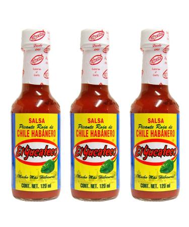 El Yucateco Habanero Red 120ml (Pack 3) / Red Habanero Pepper Hot Sauce Spicy Mexican Salsa Sauce