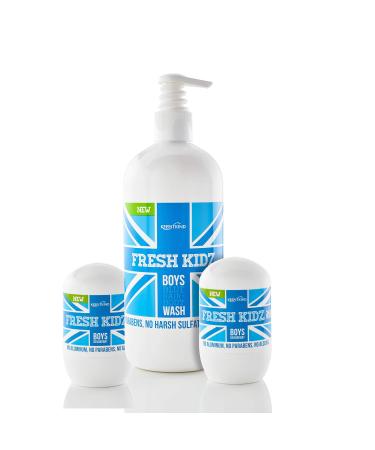 Keep it Kind Fresh Kidz Hair & Body Wash 16.9 fl.oz. and 2 Roll On Deodorants 1.86 fl.oz. for Kids & Teens - Boys Blue Set
