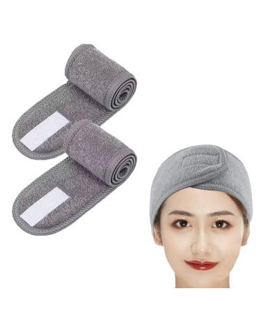 Afahok 2 Pcs Spa Facial Headband  Soft Adjustable Face Wash Headband with Magic Tape Terry  Cloth Stretch Make Up Wrap for Face Washing  Shower  Facial Mask  Yoga Grey