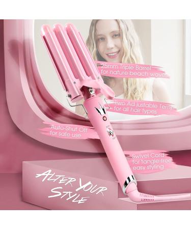 25mm Wave Iron for Hair | 3-Barrel Ceramic Curling Iron with Adjustable Temperature - Quick Heating Rose Pink Waves for All Hair Types - Buy Online on GoSupps.com