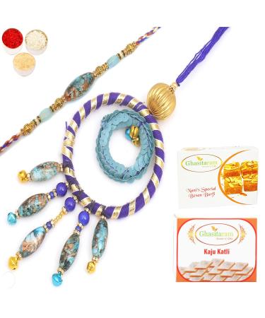 Ghasitaram Gifts Rakhis Online - Rakhi for Brother- The Ever Lasting Bond rm100 Bhaiya Bhabhi Rakhi with 200 GMS of Besan Barfi and 200 GMS of Kaju Katli Rakhi Set with 200 gms of Besan Barfi & Kaju Katli