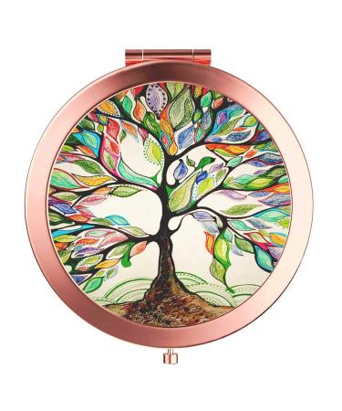 YCKMD Rose Gold Travel Purse Mirror Compact Double Sides 2X & 1x Magnification Hand Mirror Metal Round Bohemian Mirror for Women and Girls-Life Tree