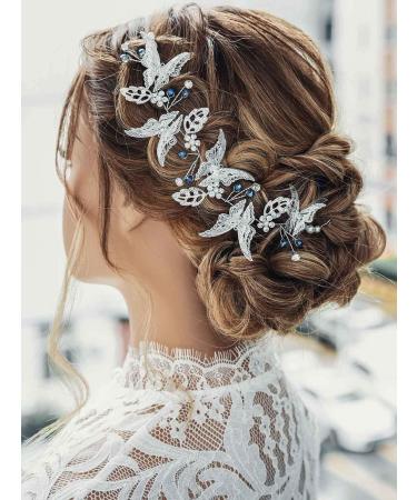 Catery Butterfly Bride Wedding Headband Silver Hair Vine Blue Bead Headpiece Rhinestone Bridal Hair Piece Wedding Hair Accessories For Women and Girls - Buy Online on GoSupps.com