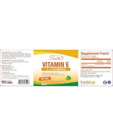 LOVITA Vitamin E 400 IU Softgels Natural 268 mg (as D Alpha Tocopherol) Vegan for Healthy Skin Hair Nails & Immune System Support 60 Vegetarian Softgels 60 Count (Pack of 1) - Buy Online on GoSupps.com