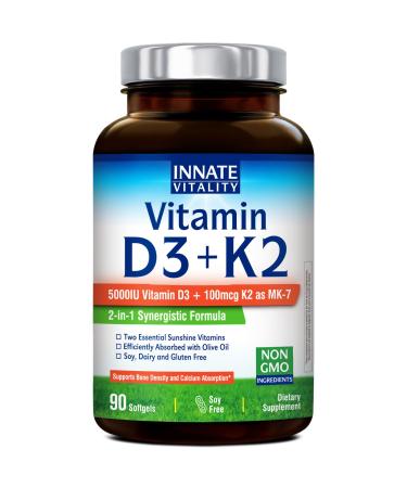 Innate Vitality Vitamin D3 K2 Supplement 90 Softgels Vitamin D3 5000 IU + K2 100 mcg with Cold-Pressed Olive Oil for Maximize Absorption Non-GMO No Soy or Gluten Bone Immune & Heart Support