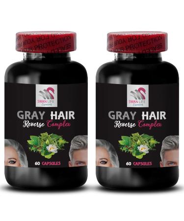 Hair glow - GRAY HAIR REVERSE - Fresh vibrancy Color re-energizer Lush hair Radiant sheen Hair sparkle Youthful tone Biotin Horsetail Aerial Parts Saw Palmetto Berries 2 Bottles 120 Capsules
