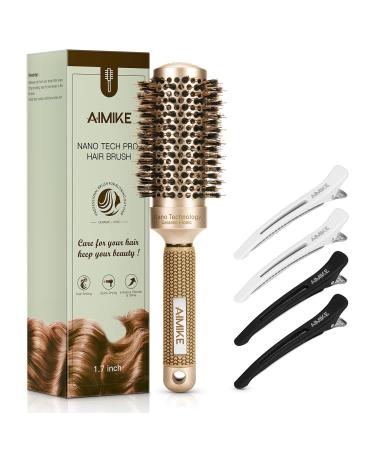 AIMIKE Round Brush for Women, Nano Thermal Ceramic and Ionic Tech Hair Brush, Medium Round Brush with Boar Bristles for Blow Drying, Styling, Curling, Increase Hair Shine (Barrel 1.7'') + 4 Hair Clips 1.7 Inch
