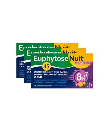 Euphytose Nuit® LP 1.9mg - Adult Dietary Supplement - Melatonin 1.9mg - Extended Release 8H - Valerian: Full Night Sleep - 3 Packs 15 Tablets - 45 Nights - Made in France