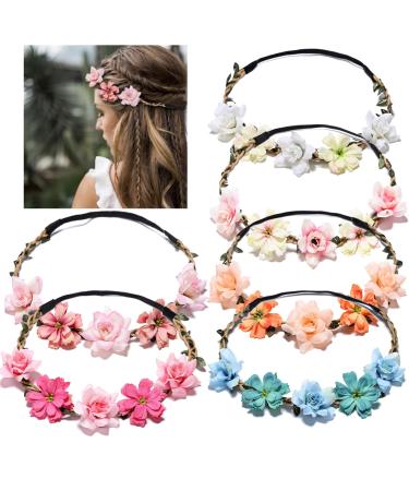 Flower crown headband flower wreath bride flower wreath hair band for bride wedding bridesmaid accessorries hair hair maturity women and girls for travel photography festival wedding and party 6 PCs