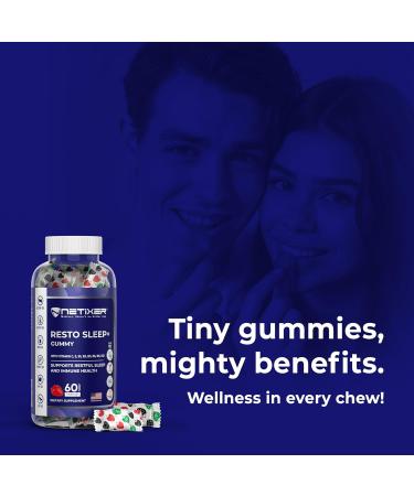 nETiXER Resto Sleep+ Gummies Melatonin 5mg Valerian Root 30mg Chamomile Lavender | with Vitamin C E B1 B2 B3 B5 B6 B12 | 60 Vegan Gummies | Strawberry Flavor | Individually Wrapped - Buy Online on GoSupps.com
