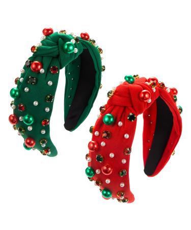 Miaija 2Pieces Chrismas Pearl Knotted Headband Green Red Wide Headbands Rhinestone Hair Hoop Fashion for Women Girls Hair Accessories