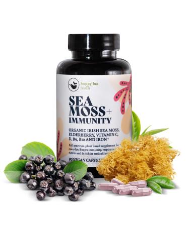 HAPPY FOX Irish Sea Moss Capsules with Sambucus Elderberry Vitamin C D3 B9 B12 Iron. Seamoss Raw Organic Superfood for Thyroid Immune Support Natural Energy Gut Skin & Joint Health - 90ct