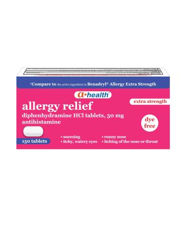 A+Health Allergy Relief Diphenhydramine HCl 50mg Tablets Extra Strength 150 Count Dye-Free Antihistamine Runny Nose Sneezing Watery Eyes Unflavored 150 Count