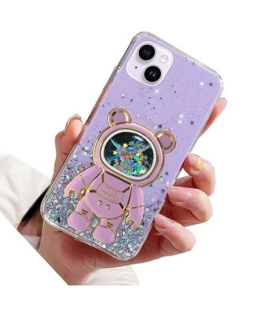 Rnrieyta Magon B r astronaut Stander Shell Glitzer for iPhone 15 cute girls thin crystal protective cover Treibsand bling transparent case bumper with astronaut holder kickstand purple iPhone 15 purple